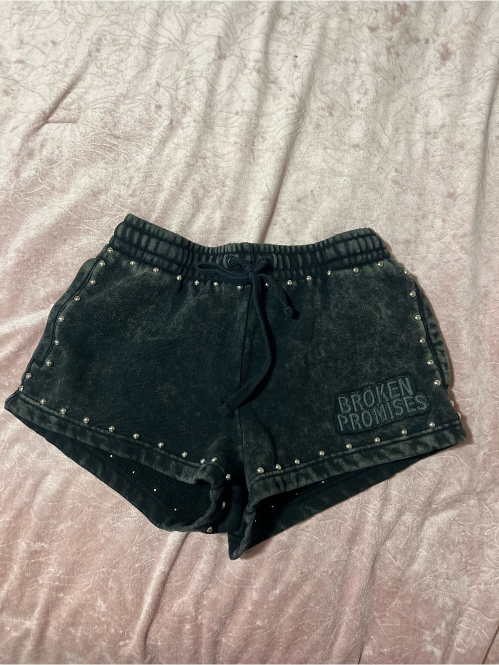 Broken Promises Black Mineral-Wash Studded Athletic Shorts